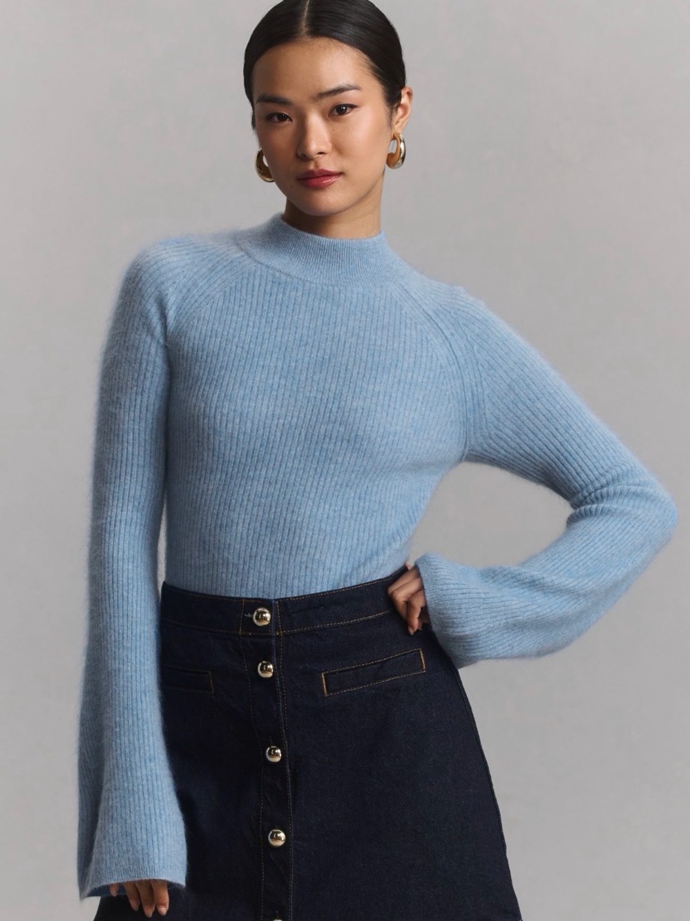Anthropologie Light Blue Mock Neck Ribbed Sweater